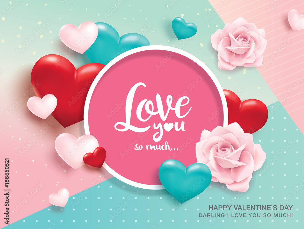 Happy Valentines Day romance greeting card with 3D hearts - obrazy, fototapety, plakaty 