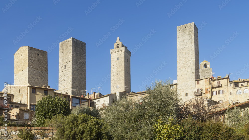 Under the towers of San Gimignano, Siena, Tuscany, Italy