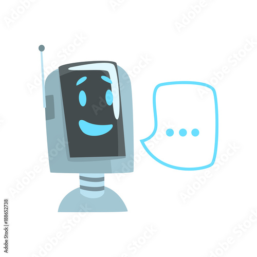 Smiling funny robot and speech bubble, voice support service chat bot, virtual online help customer support cartoon vector Illustration