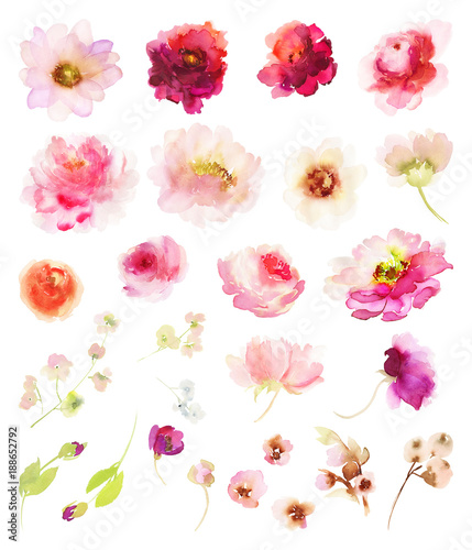 A set of watercolor elements for greeting cards.