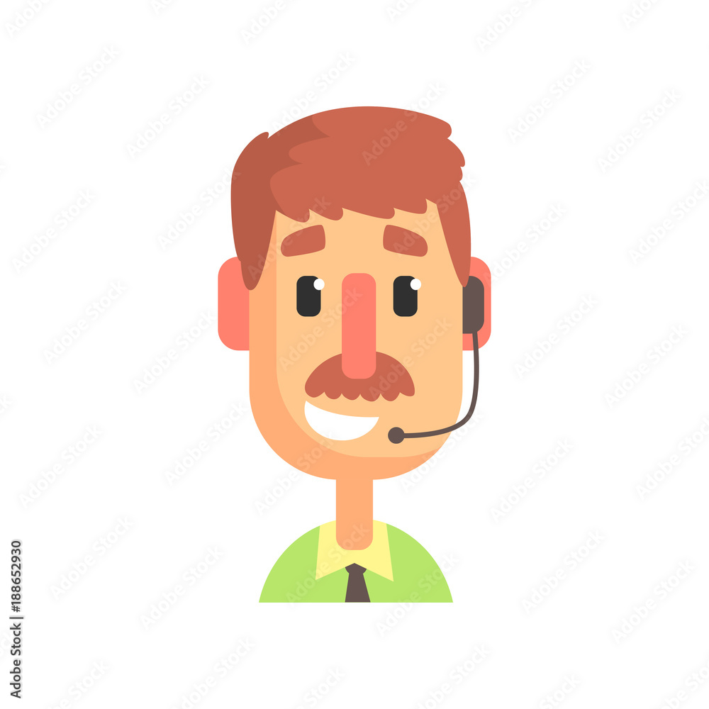 Cheerful male call center agent, online customer support service assistant with headphones, cartoon vector Illustration