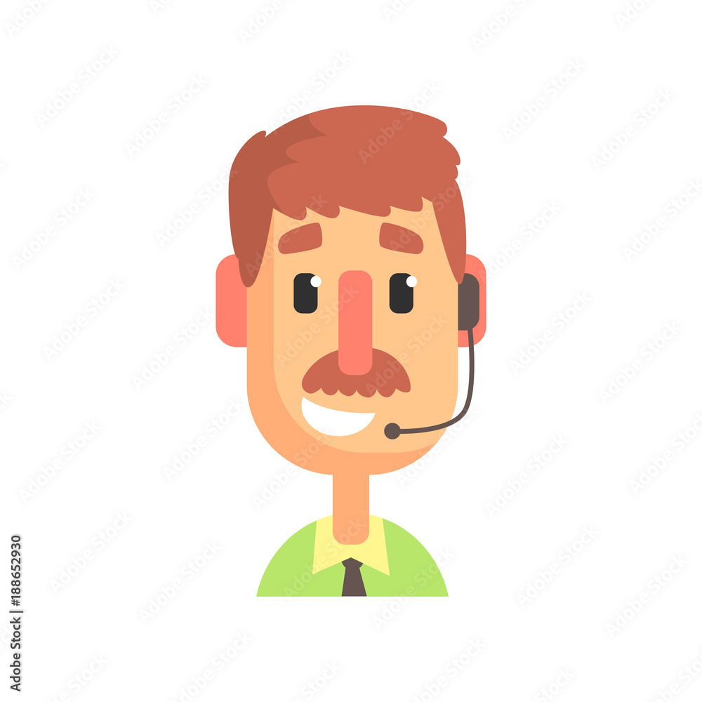 Cheerful male call center agent, online customer support service assistant with headphones, cartoon vector Illustration Cheerful male call center agent, online customer support service assistant with headphones, cartoon vector Illustration