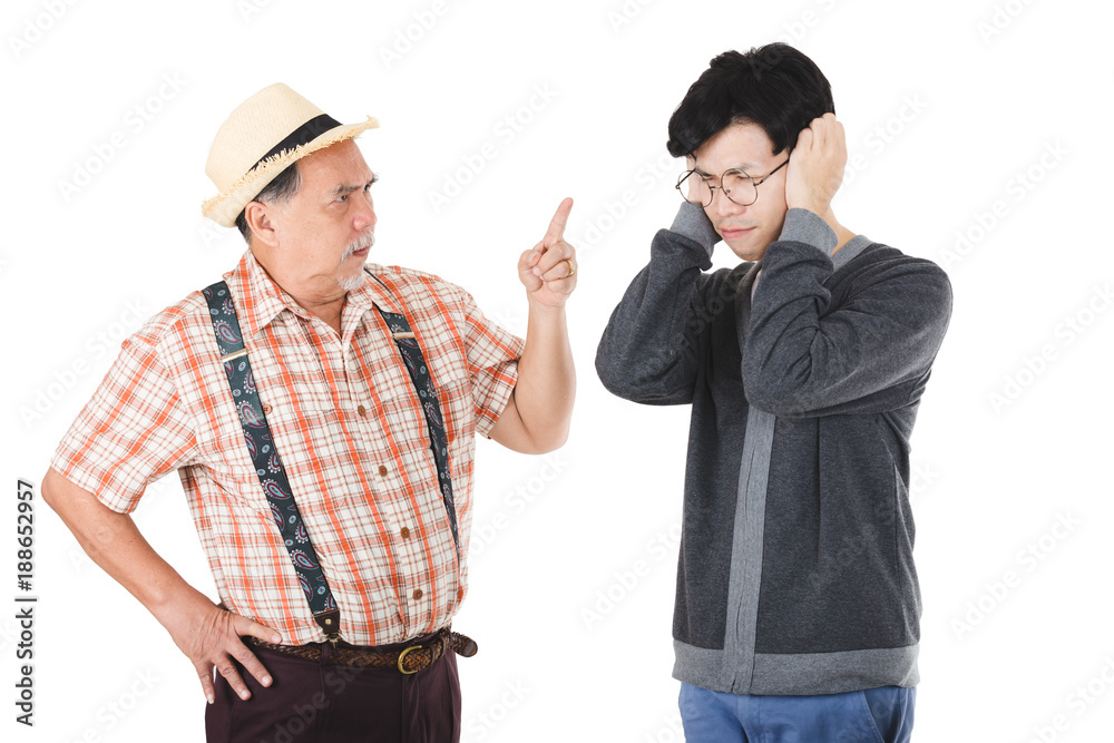 Asian senior man angry young man in the studio with a white background. Asian senior man angry young man in the studio with a white background.