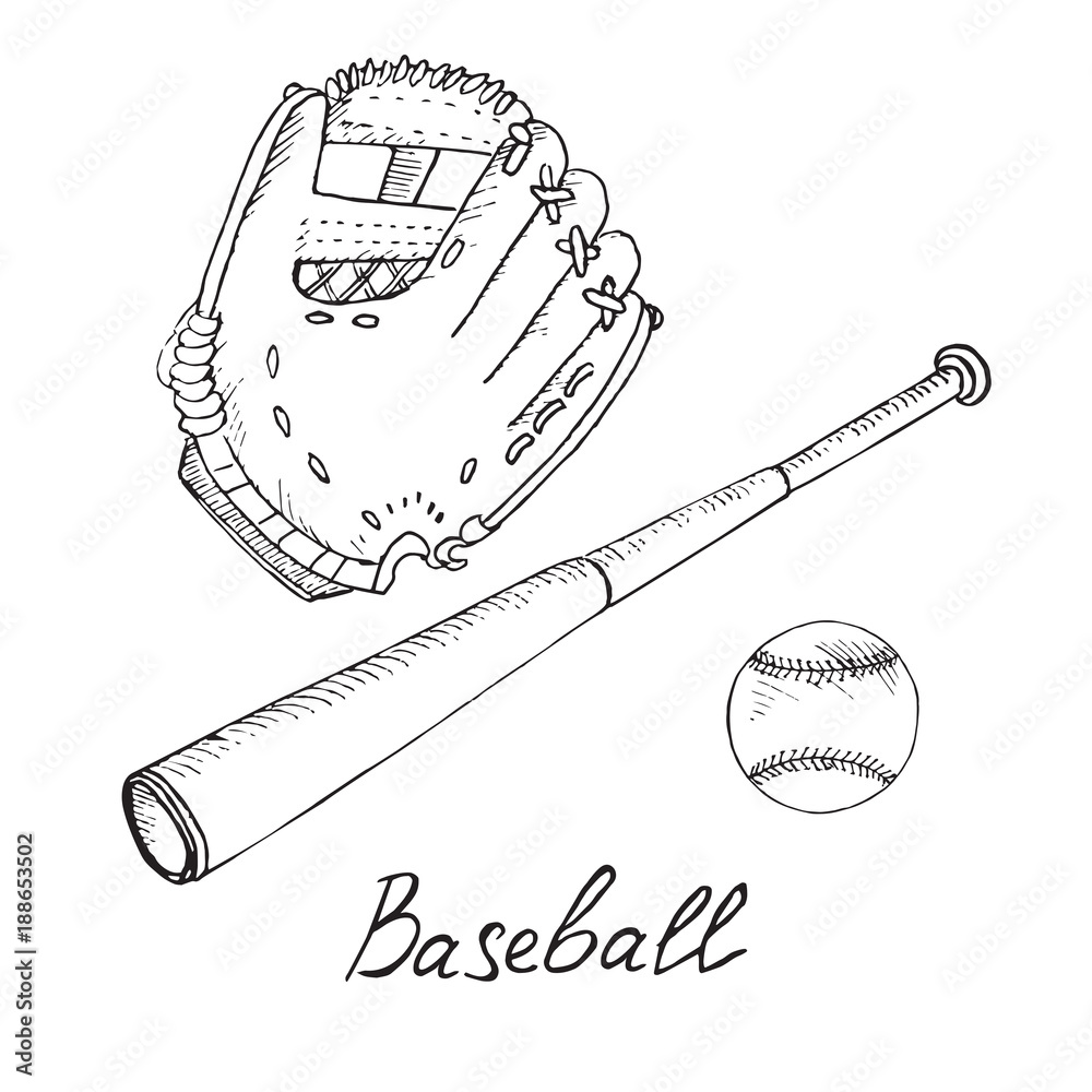 Baseball equipment set: ball, bat and glove, hand drawn doodle sketch with  inscription, isolated vector outline illustration Stock-Vektorgrafik |  Adobe Stock
