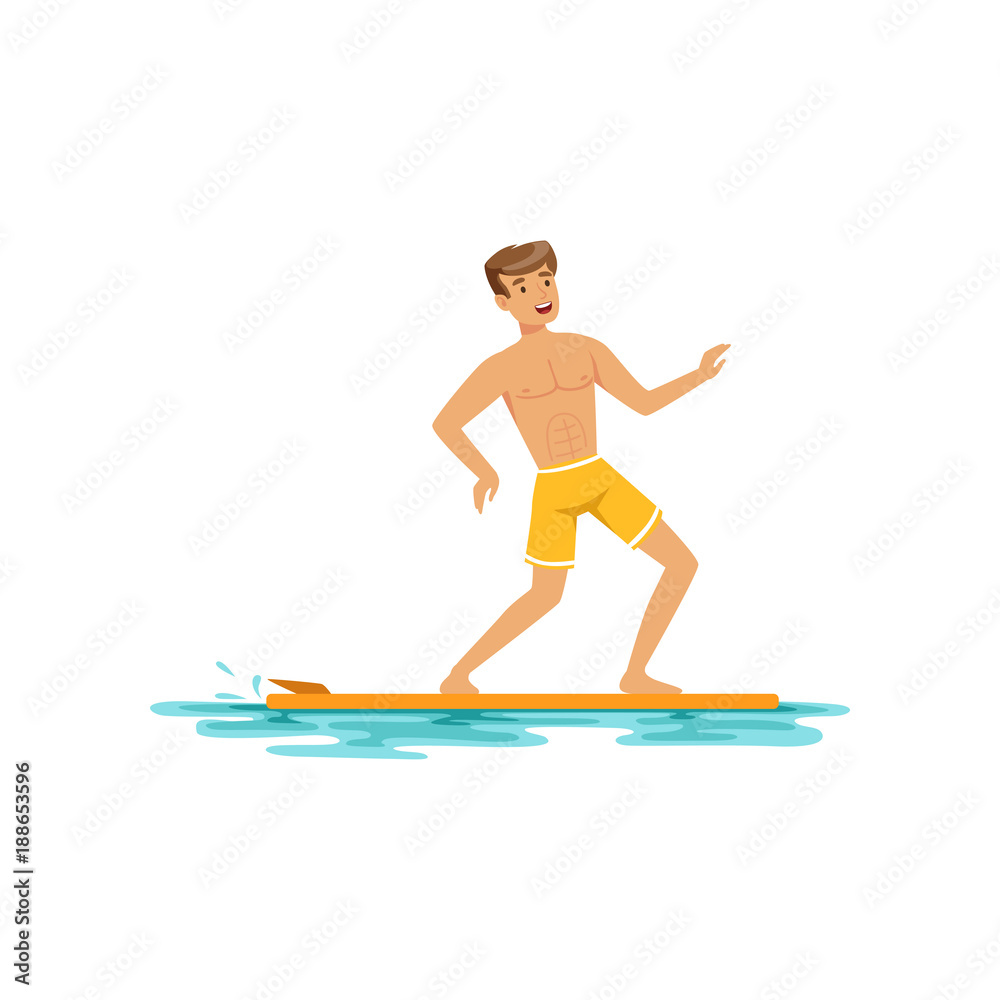 Smiling man surfing on the ocean, water extreme sport, summer vacation vector Illustration