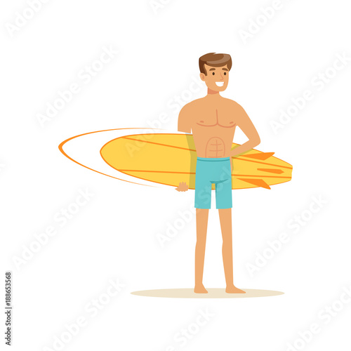 Smiling man standing on the beach with yellow surfboard, water extreme sport, summer vacation vector Illustration © topvectors