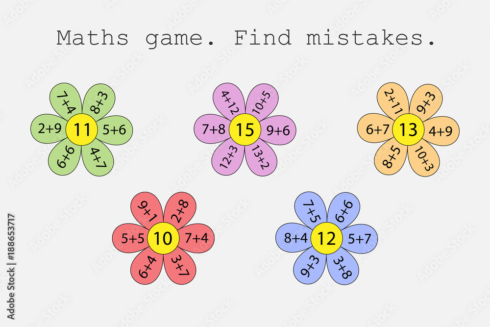 Logic Math Problems Flower Maths game with flowers for children, find mistakes, what wrong ...