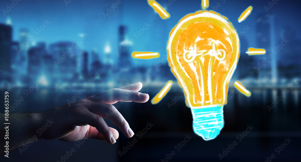 Businessman holding and touching a lightbulb sketch Businessman holding and touching a lightbulb sketch