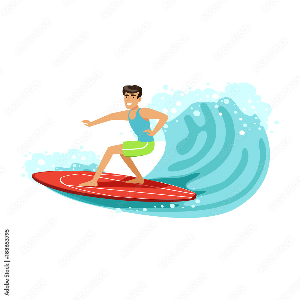 Cheerful male surfer riding a big wave, water extreme sport, summer vacation vector Illustration