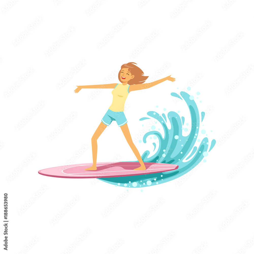 Happy surf girl with surfboard riding a wave, water extreme sport, summer vacation vector Illustration Happy surf girl with surfboard riding a wave, water extreme sport, summer vacation vector Illustration