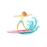 Happy surf girl with surfboard riding a wave, water extreme sport, summer vacation vector Illustration