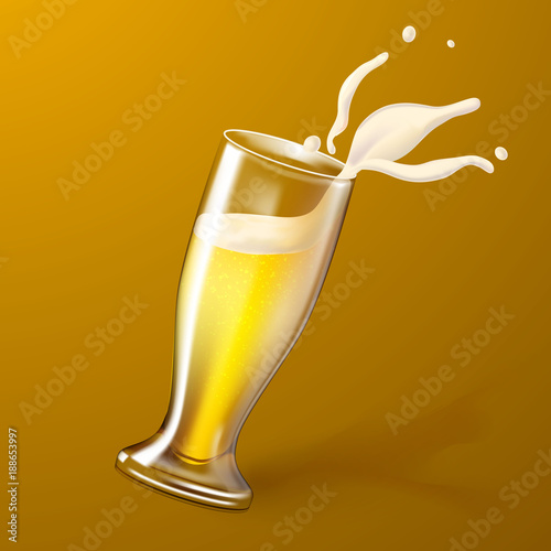 Vector realistic 3d beer glass splashing foam