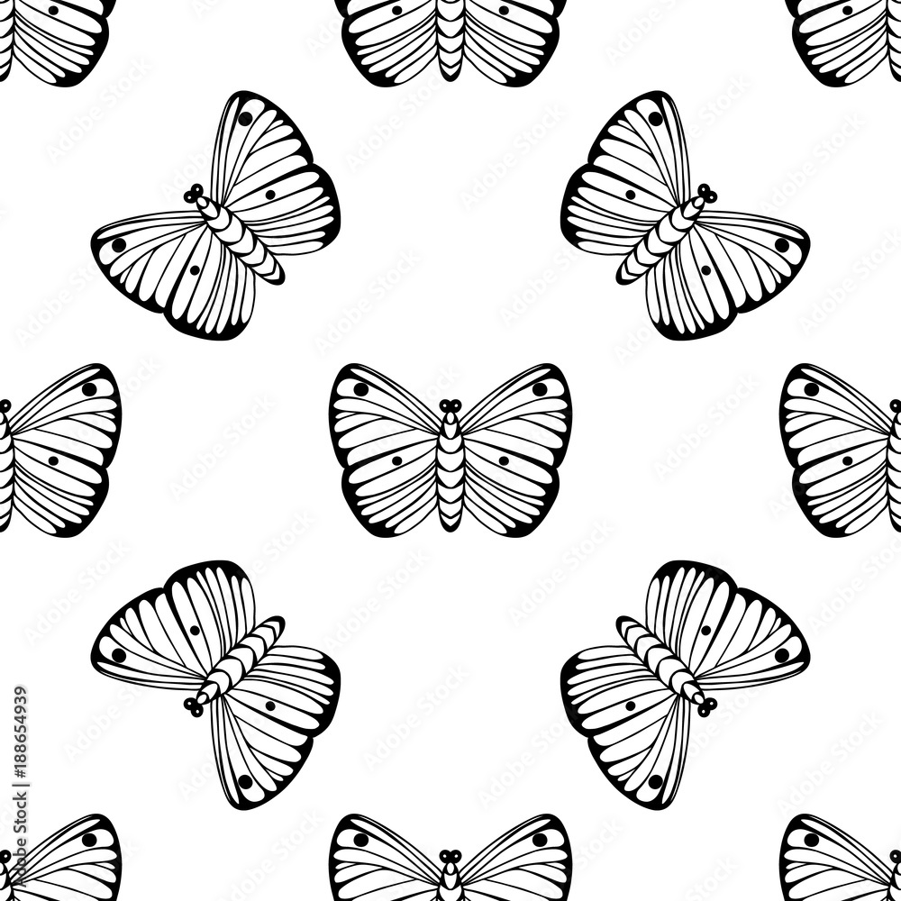 Obraz premium Monochrome vector seamless pattern. Endless butterfly elements. Modern background texture.