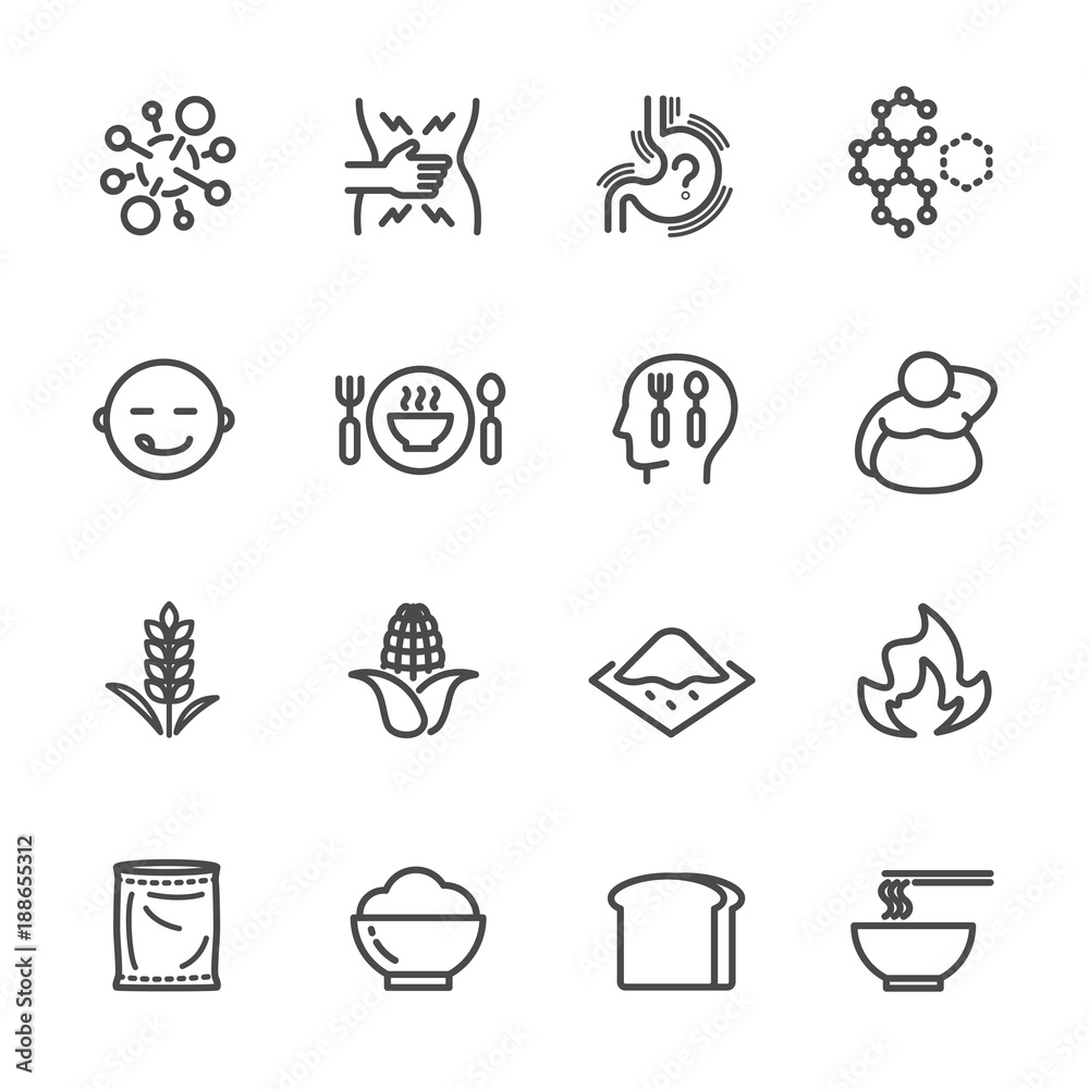 Foods with high fructose corn syrup and its health effects. Vector line icon. Foods with high fructose corn syrup and its health effects. Vector line icon.