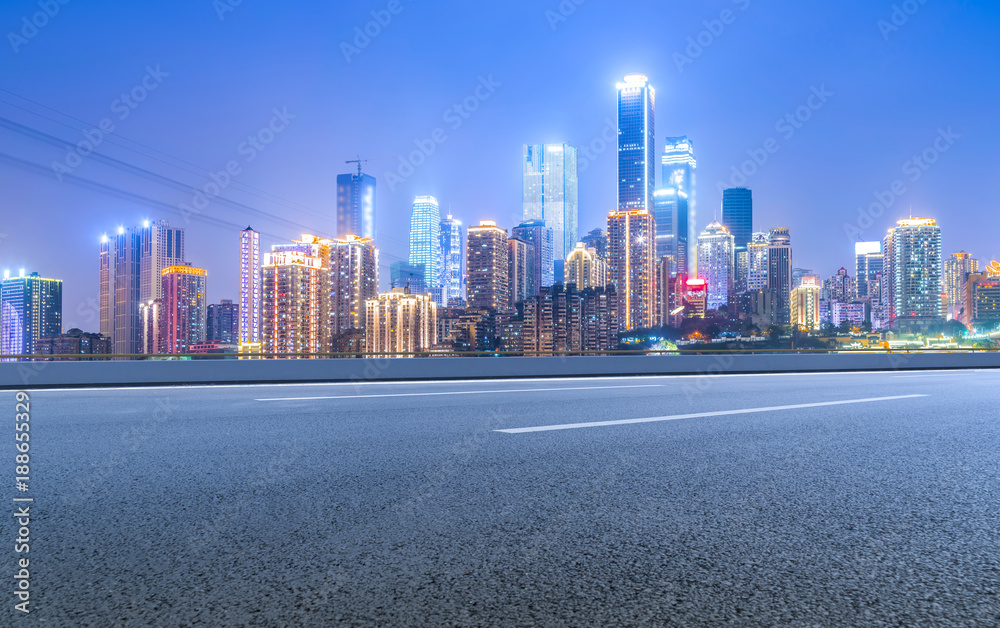 Road ground and Chongqing urban architectural landscape skyline Road ground and Chongqing urban architectural landscape skyline