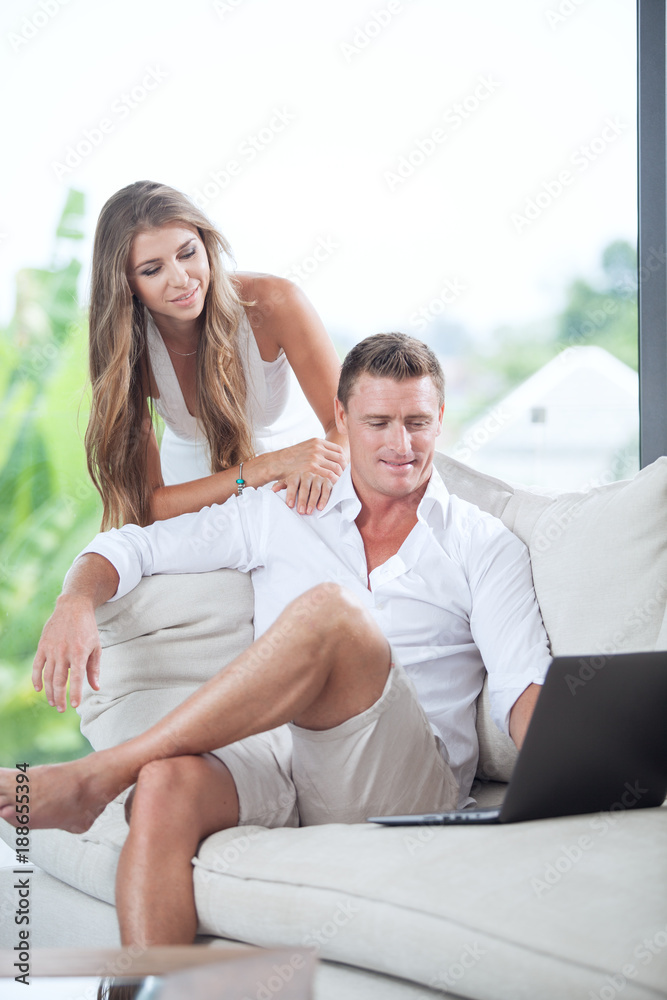 portrait of nice young couple in summer house environment portrait of nice young couple in summer house environment