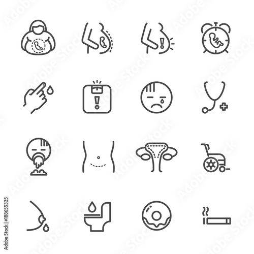 Obesity and Pregnancy,  women health line icons set. Vector icon