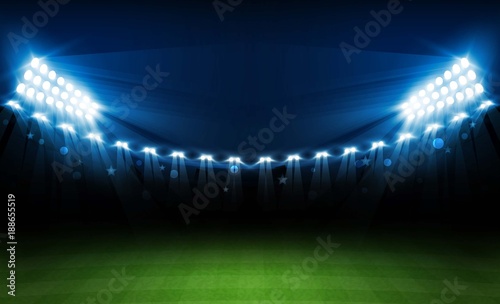 Football arena field with bright stadium lights vector design. Vector illumination