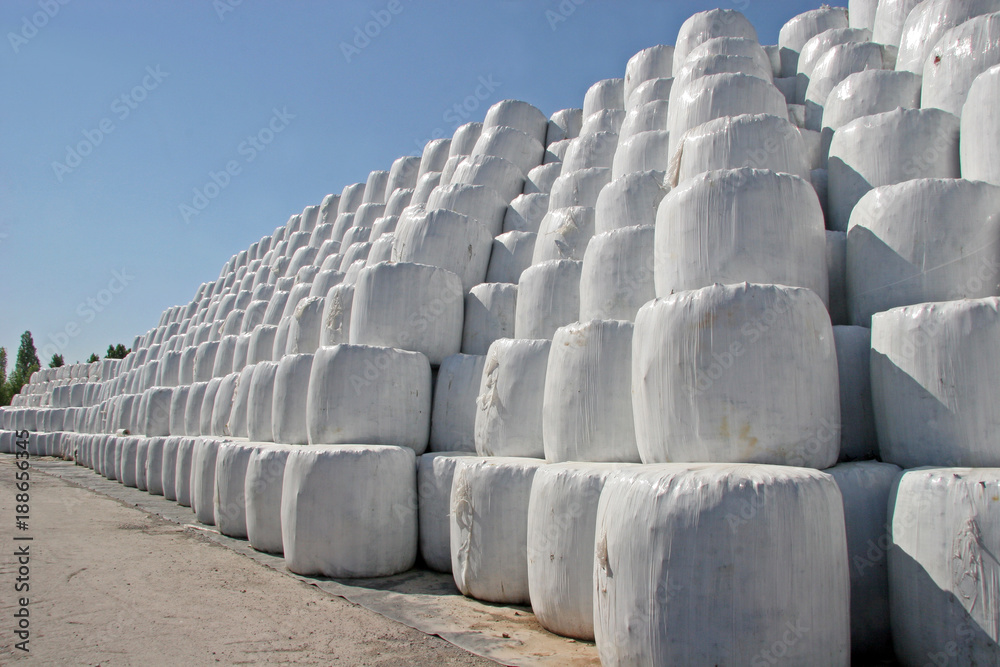 Fototapeta premium Garbage bales. Packing bales with garbage using tractor machines with mountain as background , place for making bales with garbage, Wrapped stacked bales round with white plastic film, panoramic