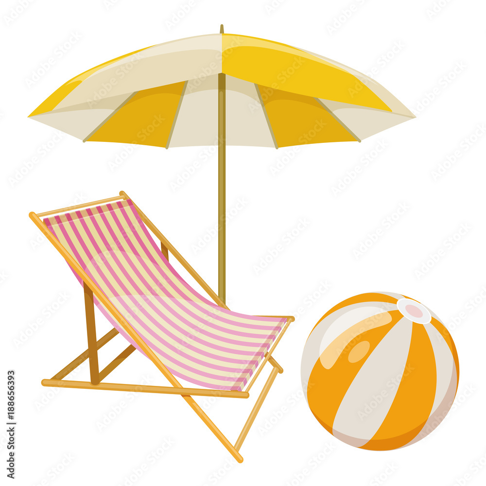 Beach umbrella and lounge chair on white background, cartoon illustration  of beach accessories for summer holidays. Vector Stock Vector | Adobe Stock