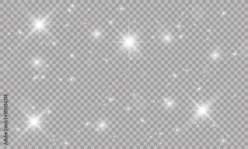 Shining stars on a transparent background, shiny and bright. Vector illustration. Light, radiance and rays.