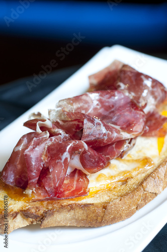 tosta de cecina, queso zamorano y salmorejo. photo