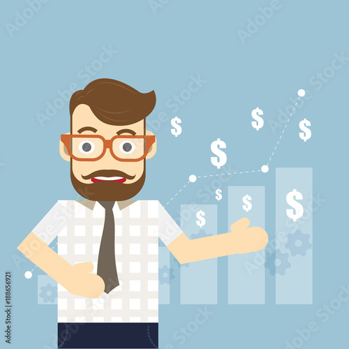 Young happy Business man with icon of business and creativity. Business investment growth and success analyst concept. - vector illustration photo