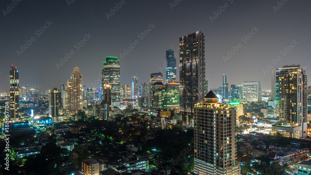 Bangkok city - Aerial view of Bangkok city downtown cityscape urban skyline silhouette at night , landscape Thailand
