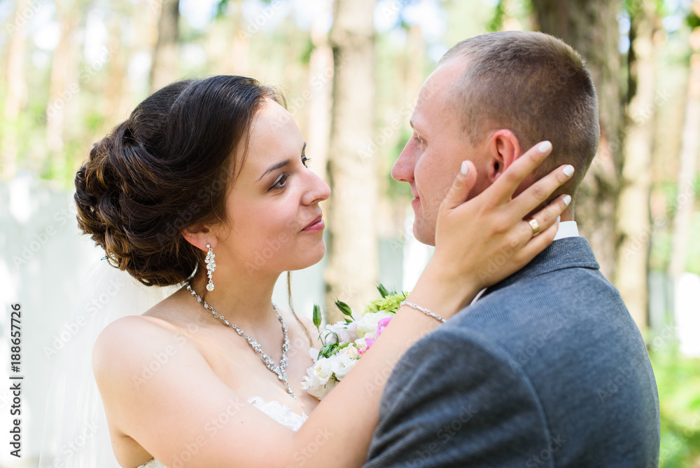 Wedding. Wedding day. Beautiful bride and elegant groom kissing on a background green park nature. Bride and groom at wedding day Wedding. Wedding day. Beautiful bride and elegant groom kissing on a background green park nature. Bride and groom at wedding day
