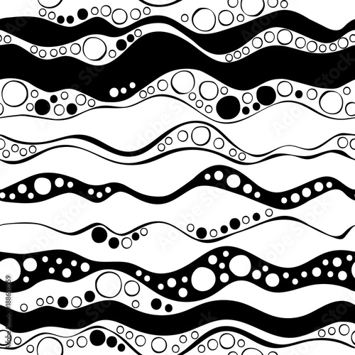 Abstract seamless background. Waves and circles. Black and white print.
