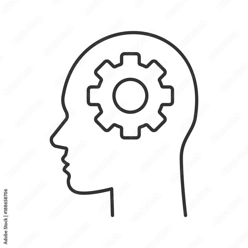 Human head with cogwheel inside linear icon