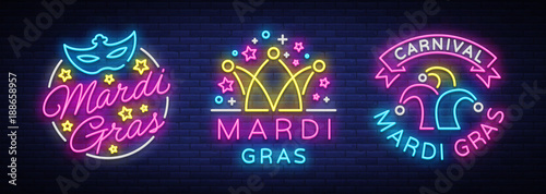 Mardi Gras set of design template for greeting cards, flyers. Fat Tuesday is collection of festive illustrations in neon style, neon sign, festive symbol, luminous banner, neon billboard. Vector photo