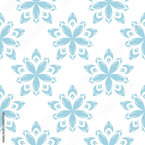 Blue floral ornament on white background. Seamless pattern