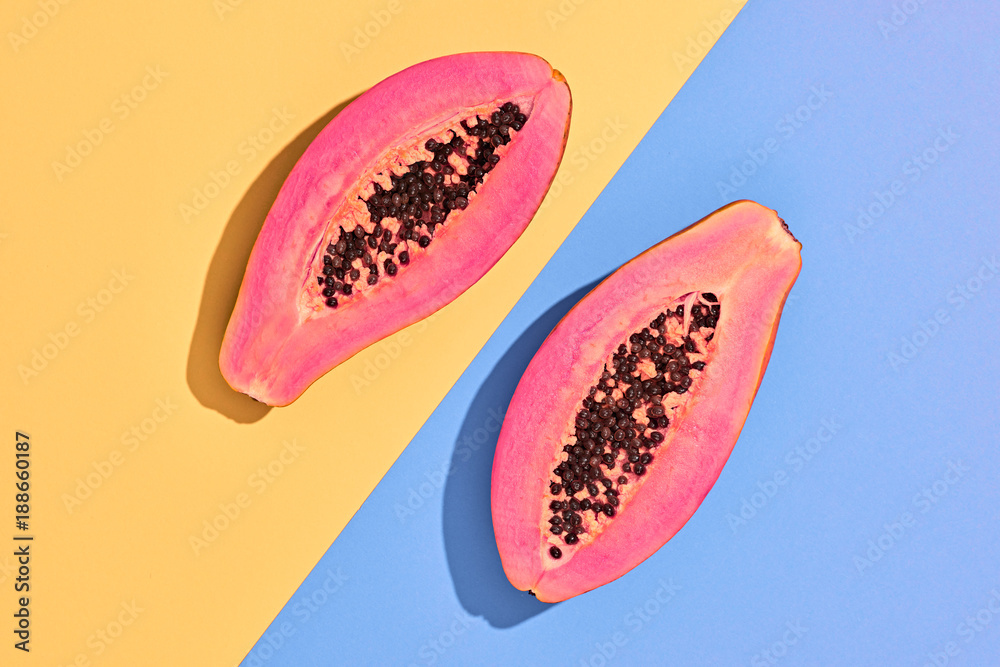 Papaya Tropical Fruit. Bright Sweet Color. Flat lay. Trendy fashion Style.  Minimal. Hot Summer Vibes. Neon Pink papaya, Surreal. Detail, Pop Art Stock  Photo | Adobe Stock