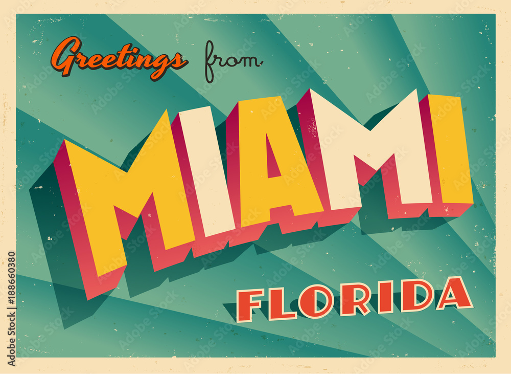 Fototapeta premium Archiwalne turystyczne karty z pozdrowieniami z Miami na Florydzie - wektor Eps10. Efekty grunge można łatwo usunąć, aby uzyskać zupełnie nowy, czysty znak.