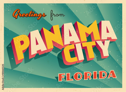 Vintage Touristic Greeting Card From Panama City, Florida - Vector EPS10. Grunge effects can be easily removed for a brand new, clean sign. photo