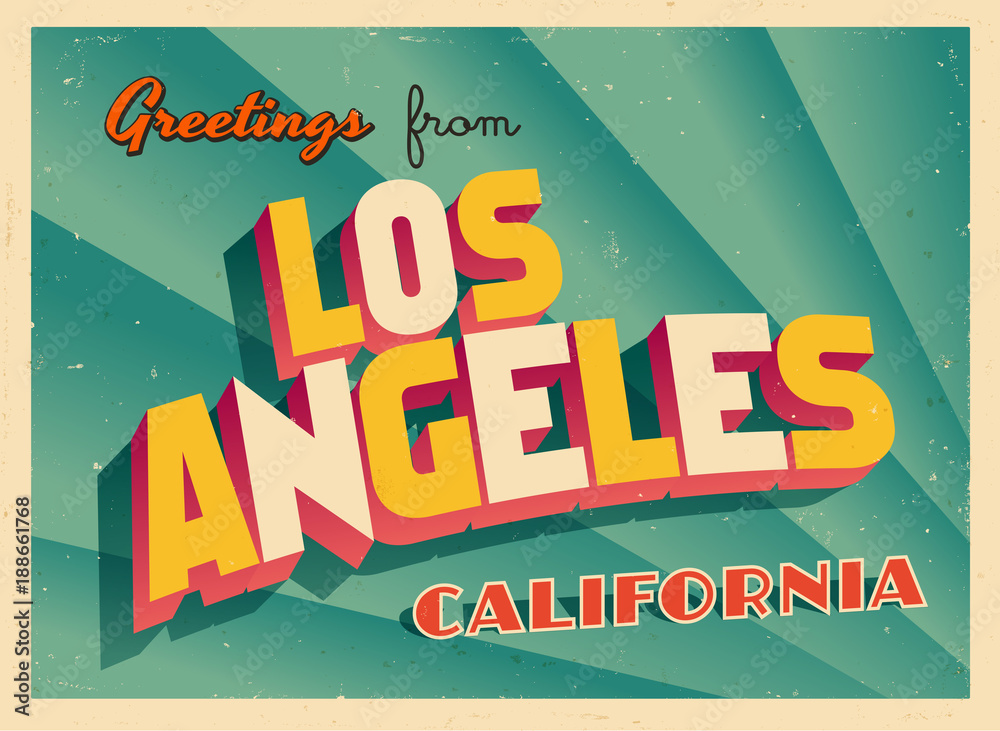 Naklejka premium Vintage turystyczne kartkę z życzeniami z Los Angeles, Kalifornia - wektor Eps10. Efekty grunge można łatwo usunąć, aby uzyskać zupełnie nowy, czysty znak.