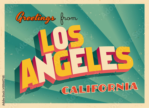 Fototapeta Rocznika Turystyczny kartka z pozdrowieniami Z Los Angeles, Kalifornia - wektor EPS10. Efekty grunge można łatwo usunąć, aby uzyskać zupełnie nowy, czysty znak.