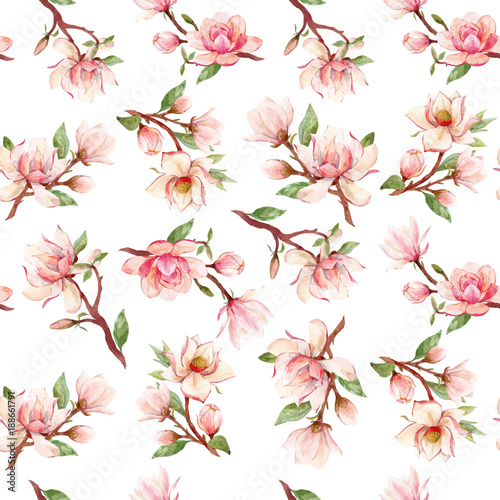 Watercolor magnolia floral vector pattern