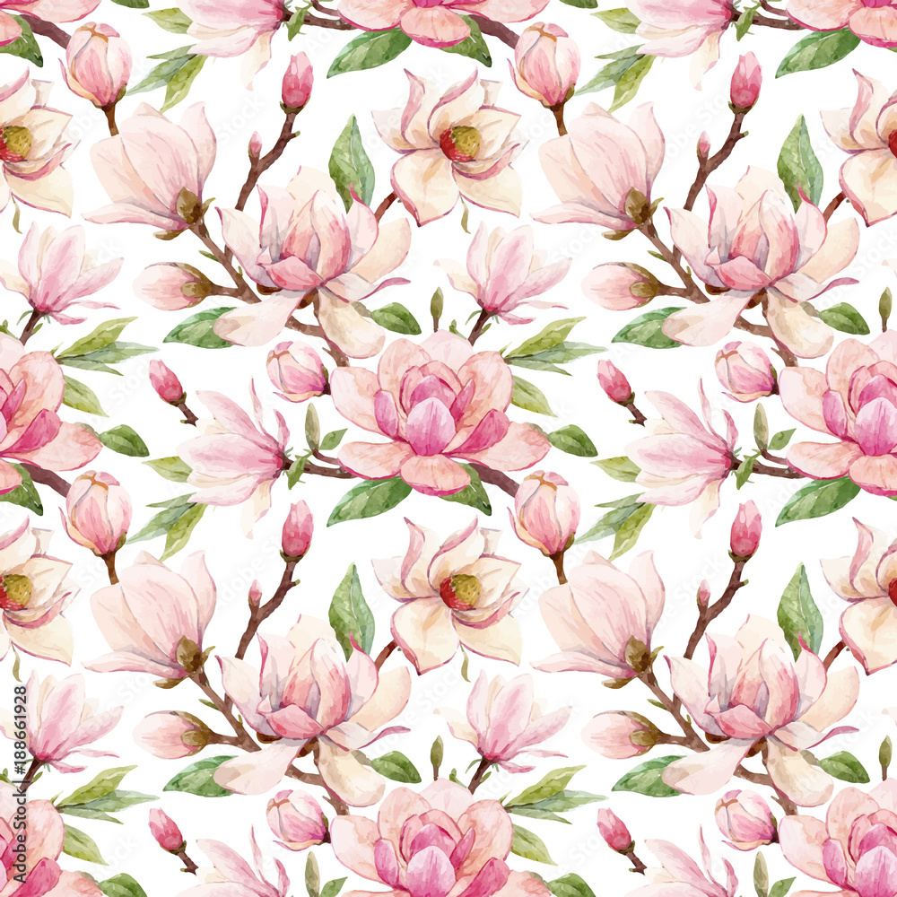 Naklejka premium Akwarela magnolii kwiatowy wektor wzór