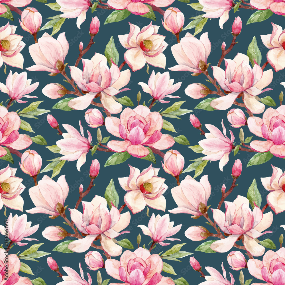 Naklejka premium Watercolor magnolia floral vector pattern