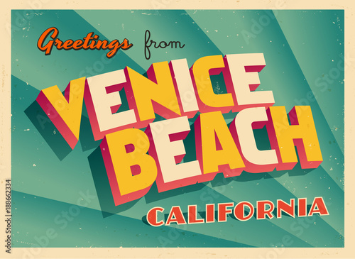 Vintage Touristic Greeting Card From Venice Beach, California - Vector EPS10. Grunge effects can be easily removed for a brand new, clean sign.