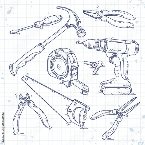 hand sketch icons set of carpentry tools, a saw, pliers, screwdriver and tape measure