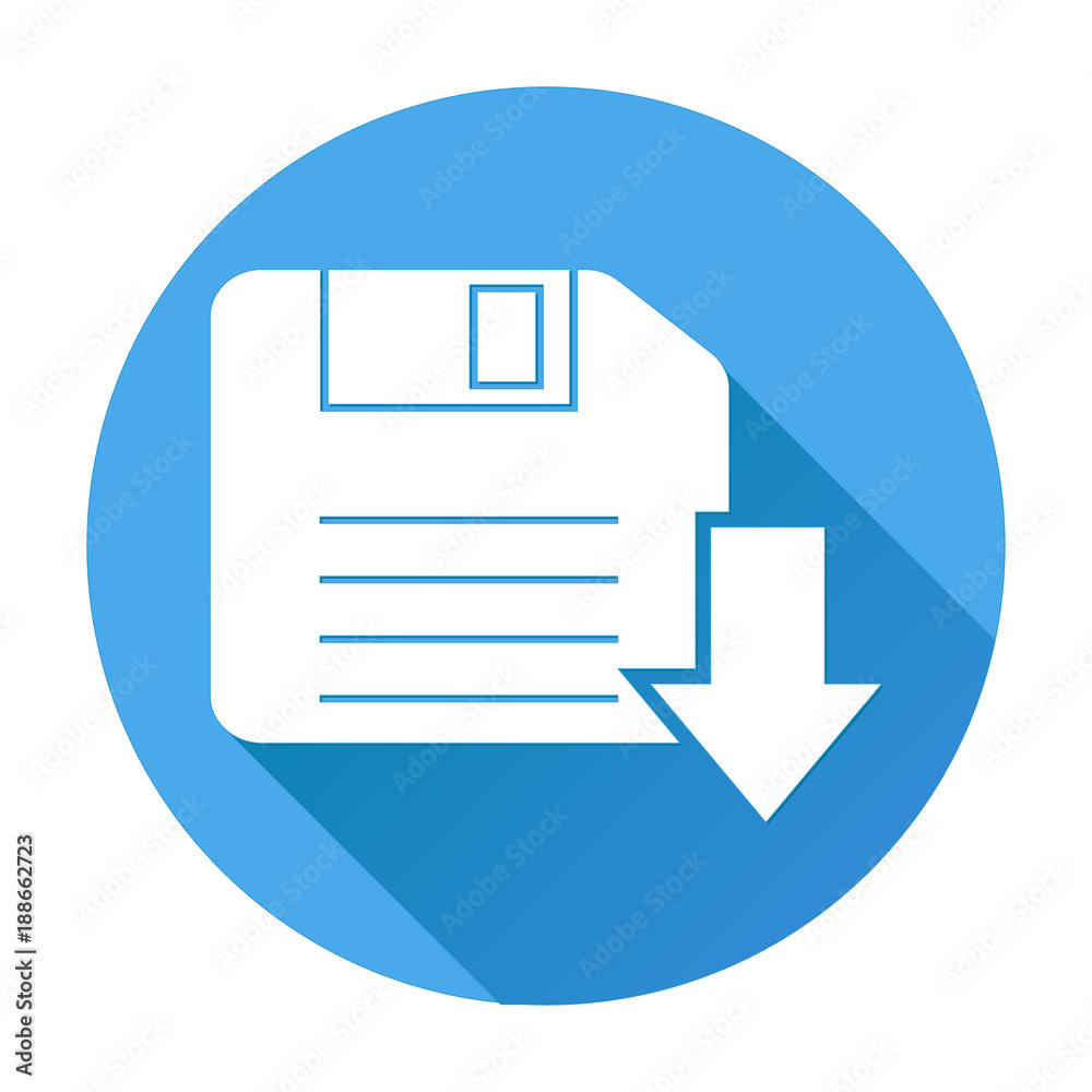 Save or Download icon. White silhouette on blue round background Save or Download icon. White silhouette on blue round background
