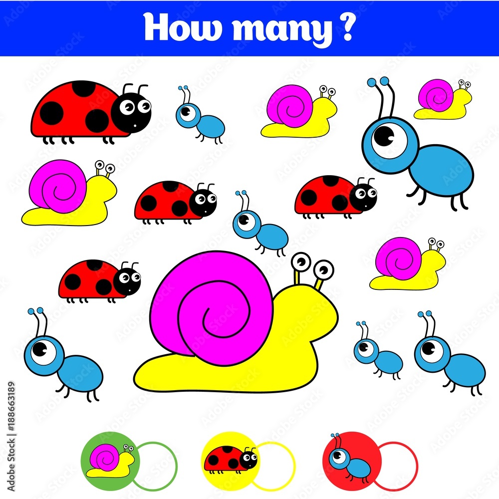 Counting educational children game, kids activity sheet. How many objects task. Learning mathematics, numbers.