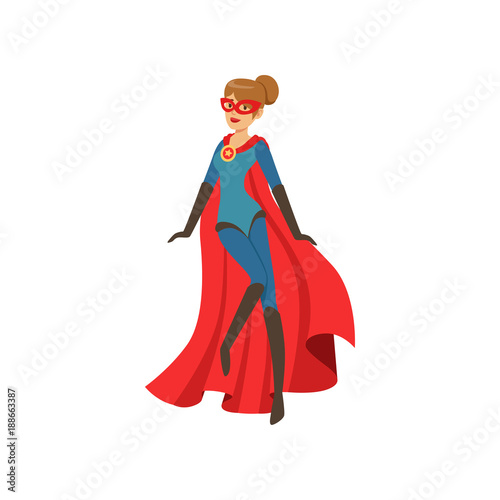 Superhero woman character in blue costume with red cape cartoon vector Illustration