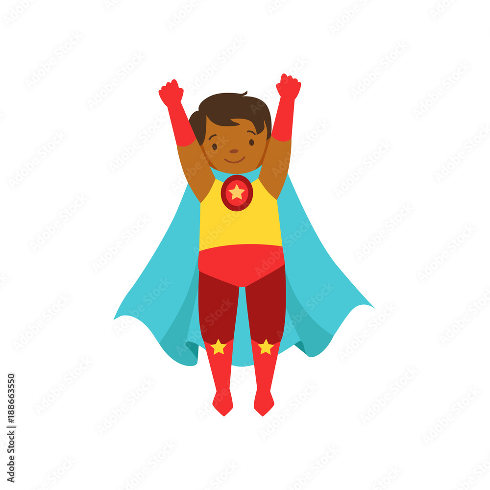 Little boy character dressed as a super hero standing with his hands raised cartoon vector Illustration Little boy character dressed as a super hero standing with his hands raised cartoon vector Illustration