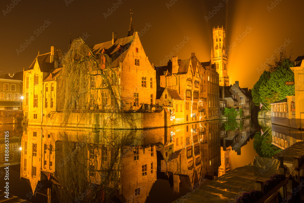 Night view of Bruges city, Belgium.