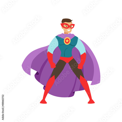 Smiling man character dressed as a super hero standing in the traditional heroic pose cartoon vector Illustration