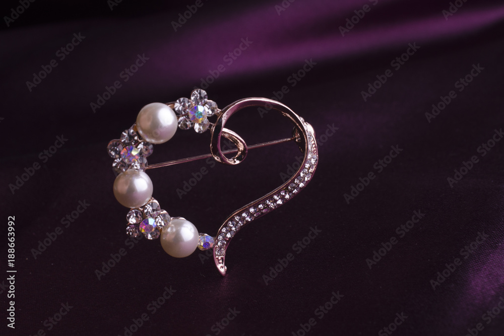 brooch heart with diamonds and pearls on silk brooch heart with diamonds and pearls on silk